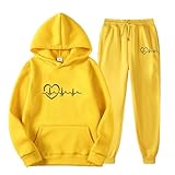 Conjunto de sudadera de invierno para mujer, suelto, monocolor, amor, corazón, más terciopelo, chándal informal, amarillo, XL