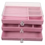 TOGEVAL Joyero de Terciopelo Rosa de 3 Capas con Cajones, Caja Organizadora de Joyas para Pendientes y Collares, Almacenamiento Compacto Antipolvo para Mujer, Uso en Hogar y Viaje