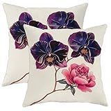 Juego de 2 fundas de almohada florales, funda de cojín cuadrada decorativa de primavera con orquídea violeta oscura y peonía de melocotón, fundas de cojín cuadradas decorativas para sofá, cama, sofá