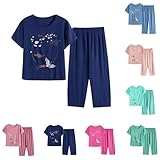 Juego de lino para mujer, traje de lino de verano, cómodo, aireado, traje de casa con estampado, cuello redondo, manga corta, blusa de lino y pantalones de lino, 2 piezas, algodón, ropa de salón, ropa
