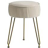 IBUYKE reposapiés redondo de terciopelo, taburete de tocador de maquillaje, asiento de sofá puf, patas de acero dorado, blanco crema L/G-30M