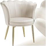 tectake® Sillón Tapizado con Acolchado Grueso, Butaca Salón con Respaldo Curvado en Forma de Flor, Sillón de Lectura con Patas de Acero, Tapas Antideslizantes, Silla Oficina - terciopelo, crema/dorado