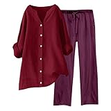 Conjunto de cordón para mujer, ropa de descanso de algodón y lino para mujer, conjunto de 2 piezas, trajes hawaianos, conjuntos de manga larga, blusas de manga larga, pantalones de pierna ancha, ropa