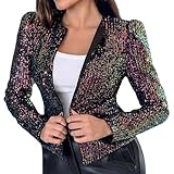 Americana Mujer,Blazer Negro De Lentejuelas para Mujer Chaquetas Brillantes Manga Larga Frente Abierto Cárdigan Corto con Purpurina Bolero Brillante para Fiestas De Invitados A Bodas Ropa Informal