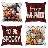 Juego de 4 fundas de almohada de Halloween, color naranja y negro, diseño de gnomo de bruja y calabaza, funda de cojín para decoración otoñal espeluznante para el hogar, sofá, cama, sofá, 20 x 20