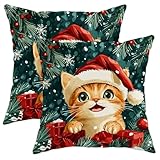 Fundas de almohada de gato de Navidad, fundas de cojín de gatito naranja, decoración festiva de invierno, fundas de felpa suave para el hogar, sofá, dormitorio, sala de estar, 20 x 20 pulgadas