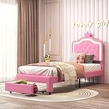 FEEOHOME cama infantil 90 x 200 cm, para niño con cajón de almacenamiento, cama princesa con somier de láminas, marco de cama con LED, para niños, adolescentes, rosa