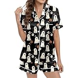 Generisch Conjunto de pijama corto con estampado de Halloween para mujer, cómodo para noches relajadas, Negro , XL