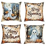 Juego de 4 fundas de almohada de Halloween, espeluznante fantasma, calabaza, decoración gótica de vacaciones, fundas de cojín para el hogar, sofá, cama, sofá, 16 x 16 pulgadas