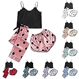 Conjunto de pijama de mujer de 3 piezas, conjunto de pijama para mujer con tirantes y pantalones cortos, pantalones y pantalones cortos impresos con patrón de tirantes finos 2026 Pijamas Chic