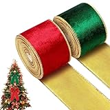 Cinta navideña de 5 metros, cinta y verde 2 rollos de terciopelo y satén reversibles | 2,5 pulgadas x 5 yardas Party Favors Cinta de vacaciones para el árbol de Navidad Garland Bow