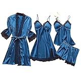 Pijamas Mujer Satén Manga Larga Conjunto Pijama Mujer Satén Top A Anudar Pijamas Fluido Ligero Loungewear Color Sólido Ropa de Dormir Casual Grande Conjunto 4 Piezas Top Y Pantalones, azul marino, M