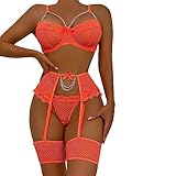 Generisch Conjunto de ropa interior para mujer, color sólido, bordado, encaje, cadena de metal hueco, sexy, transparente, divertido conjunto de ropa interior, naranja, L