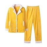 BOTCAM Conjunto de pijama para mujer, cálido, de invierno, con botones, manga larga, suave, cozy y pijama, juego de pantalones informales, ropa de salón para mujer, amarillo, L