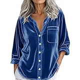Blusa de terciopelo de manga larga para mujer, elegante, lisa, con botones, retro, suave, ajuste relajado, casual, cómoda, transpirable, para uso diario, fin de semana, salir, camisetas con bolsillos