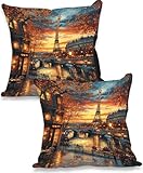 Fundas de Cojín 50x50 cm Juego de 2 Torre de París Suave Lino Decorativo Funda Cojines Impermeable Para Exteriores, Cushion Covers con Cremallera Oculta Funda Hogar Jardín Exterior Verano Ciudad 0P-11
