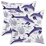 Juego de 2 fundas de almohada de delfín, funda de almohada de vida marina con océano violeta, fundas de cojín cuadradas decorativas para el hogar, sofá, cama, sofá, 20 x 20 pulgadas