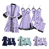 Conjunto De Pijama De 4 Pieces Para Mujer De Satén De Seda, Conjunto De Pantalones Cortos Brassiere Mujer Pijama, 2026 Nuevo Camiseta De Top Halter Camisa De Vestido Con Encaje Pijamas Color Sólido