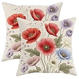 Juego de 2 fundas de almohada de amapola, diseño floral romántico, hojas de primavera rojo con cremallera oculta, fundas de almohada para sofá, sala de estar, cama, oficina, sofá, silla, decoración