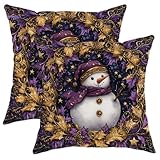 Juego de 2 fundas de almohada decorativas de Navidad con diseño de muñeco de nieve, color violeta, fundas de cojín festivas para sofá al aire libre, decoración del hogar, sofá, cama, 18 x 18 pulgadas