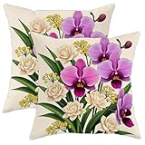 Juego de 2 fundas de almohada con diseño de orquídea tropical, rosa, amarillo, primavera, violeta, con detalles de cremallera oculta, fundas de almohada para sala de estar, apartamento, cama, sofá