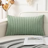 UGASA - Funda de cojín lumbar suave de terciopelo de 12 x 20 pulgadas, diseño bohemio y rústico de pana a rayas en ambos lados, rectangular, sólida, para sofá, dormitorio, hogar, 1 pieza, verde salvia
