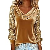Blusa de lentejuelas para mujer, cuello redondo, mangas brillantes, blusa elegante, casual, para salir, ligera, para primavera, otoño, boda, fiesta, suéter, dorado, S