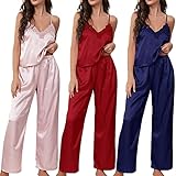Conjunto de pijama para mujer, satén y encaje, conjunto de pijama para mujer, pantalón de verano, sin tirantes grandes, transpirable, para ropa de dormir de seda, 2 piezas, pantalones delgados, azul