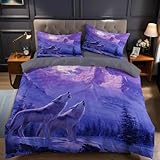 Funda Nordica Cama 105 Azul Violeta, Funda Nordica 155x220 Lobo De Las Nieves, Fundas Edredon y 2 Fundas de Almohada 50x75 cm, Juego de Cama de Microfibra Cepillada Suave A1419