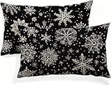 Cojines Exterior Negro Funda Cojin 60x30 Juego de 2 Cojines para Sofa Copo De Nieve Lino Almohada Rectangular con Cremallera Invisible para Jardín, Salón Moderno, Dormitorio, Decoración Hogar JK-27