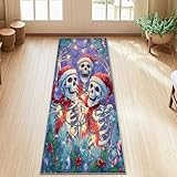 Alfombra de pasillo de calavera, sombrero de Papá Noel, luces de Navidad, color violeta, antideslizante, para interiores, no se desprende, para cocina, puerta, entrada, mesita de noche, decoración de