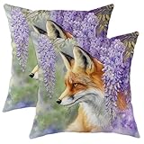 Juego de 2 fundas de almohada de primavera con zorro glicina violeta, fundas de cojín decorativas inspiradas en la naturaleza para el hogar, sofá, cama, sofá, 16 x 16 pulgadas