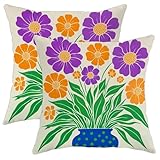 Juego de 2 fundas de almohada con diseño de flores, diseño floral, diseño de hojas, color violeta primaveral con cremallera oculta, fundas de almohada para el hogar, sala de estar, dormitorio