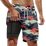 Pantalones cortos de playa genéricos con doble espesor, diseño de camuflaje para hombre con forro de dos capas transpirables con cordón y bolsillos de secado rápido para surf natación, naranja, XL