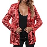 Blazer de lentejuelas para mujer, color rojo, blazer de lentejuelas para mujer, chaqueta de traje de fiesta, blazer de lentejuelas, elegante, blazer brillante, carnaval, disfraz, manga larga, con