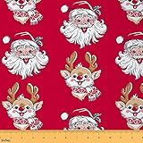 Tela de Papá Noel por The Yard,tela decorativa de ciervo de Navidad,Feliz Navidad Kawaii Elk Tela decorativa de alces de copo de nieve de año nuevo,tela para interiores y exteriores,rosa roj